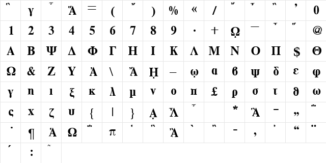 RomanGreek Bold  glyph index