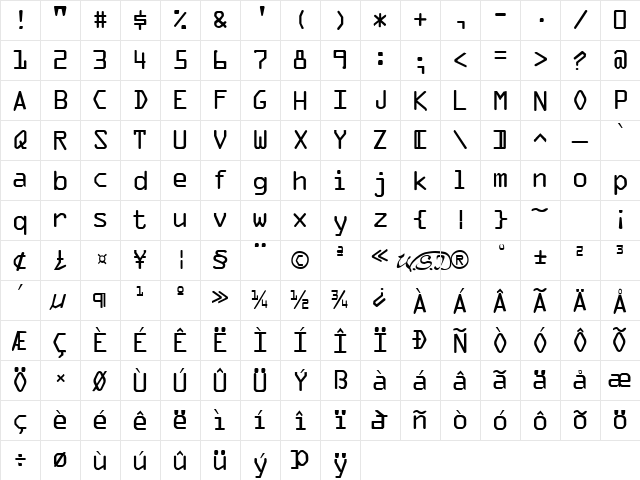 Ocr Regular  glyph index