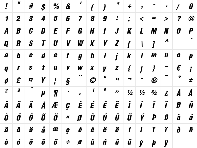 Helvetica LT CondensedBlack Italic  glyph index