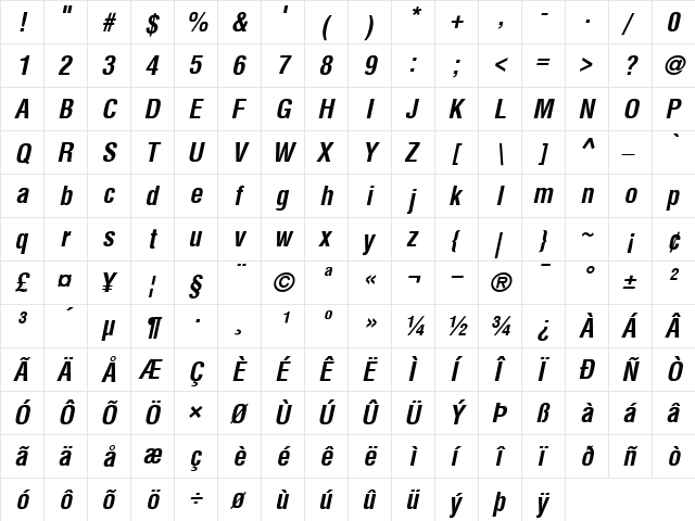 Helvetica-Condensed BoldItalic  glyph index
