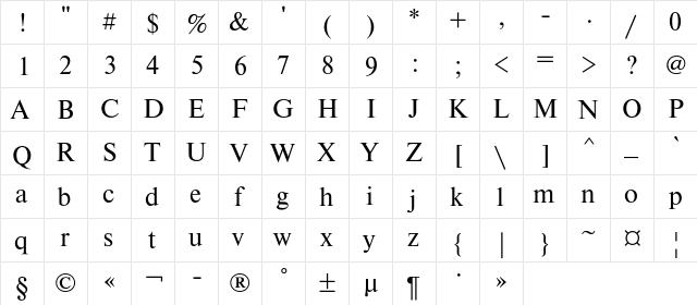 NewtonC Regular  glyph index