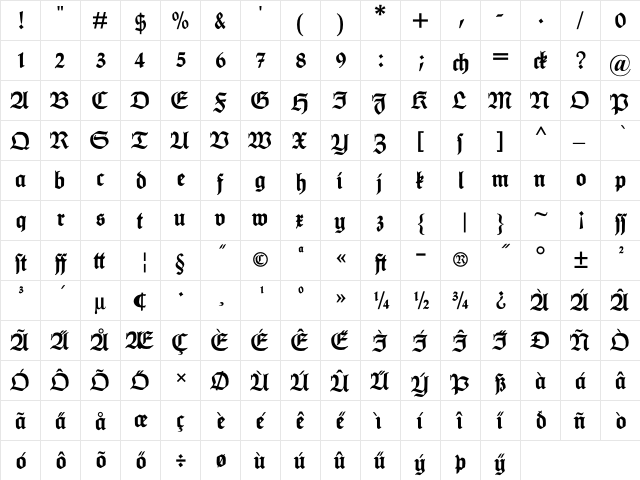 HumboldtFraktur Regular  glyph index