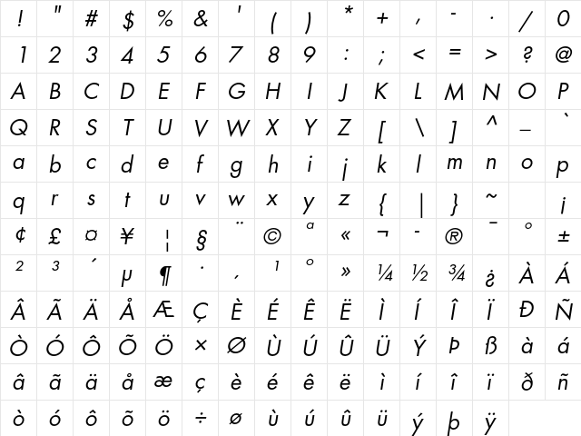 Futura Std Book Oblique  glyph index