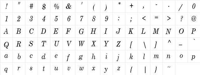 Roosevelt 8 Italic Regular  glyph index
