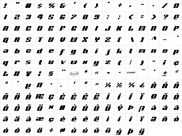 Voortrekker Italic Italic  glyph index