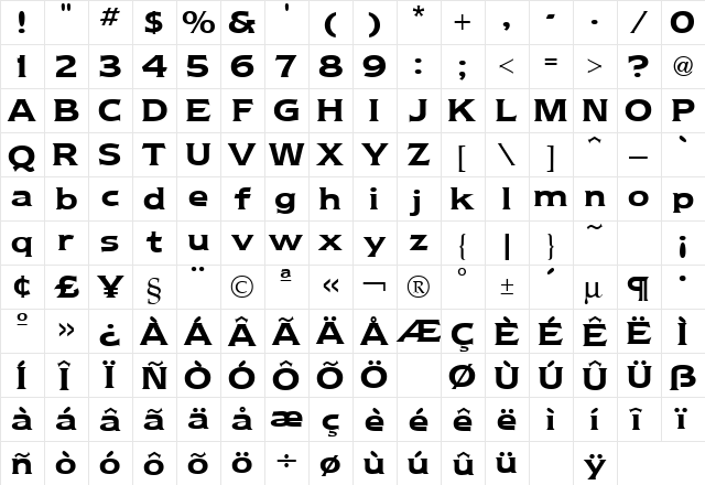 Newtext Bold  glyph index