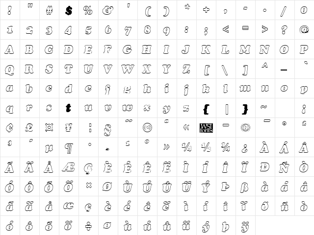 CookieHollow Italic  glyph index