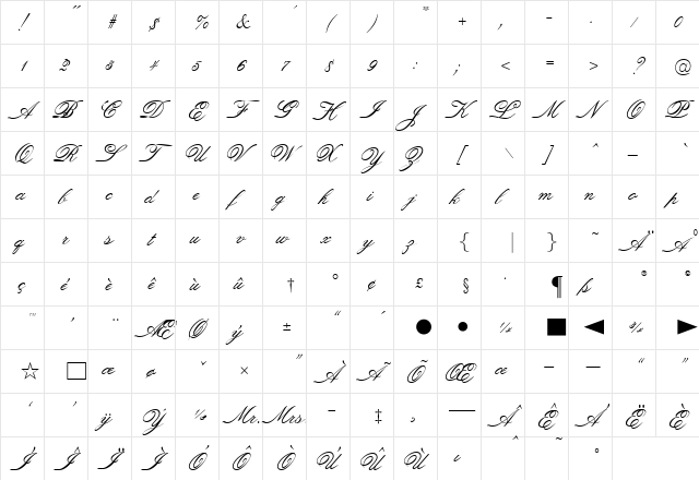 OPTIOldF Script  glyph index