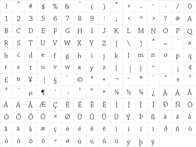 Chaparral Pro Light  glyph index