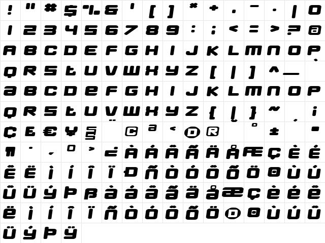 Pimpster Regular  glyph index