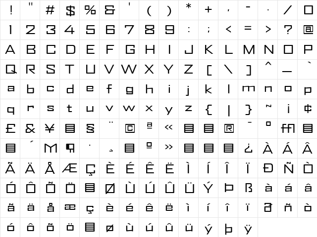 AgencyFB Regular  glyph index