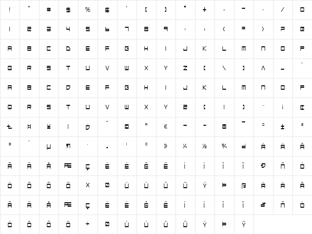 Low Gun Screen Condensed Condensed  glyph index