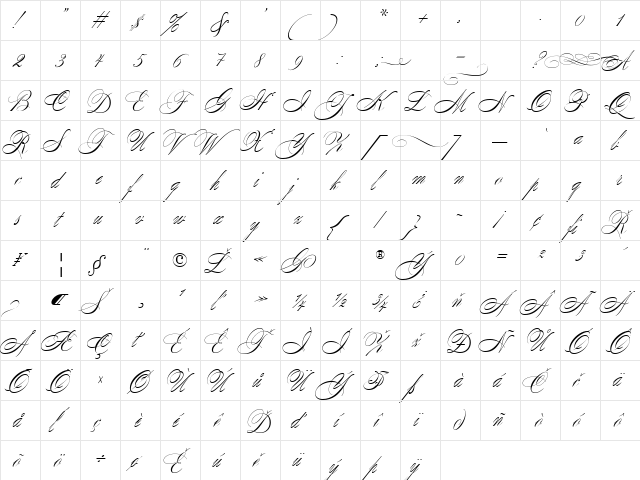 Wolfgang Amadeus Mozart Regular  glyph index
