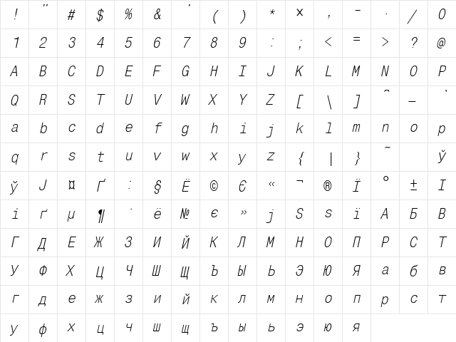 MonoCondensedC Italic  glyph index