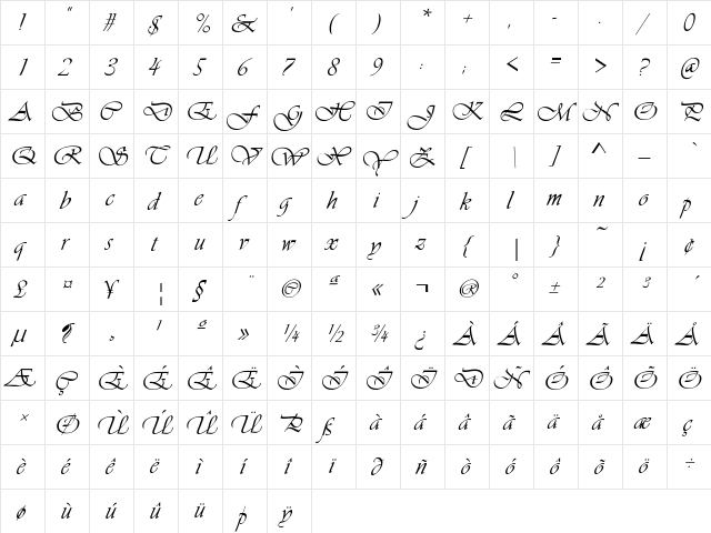 Vivaldi Regular  glyph index