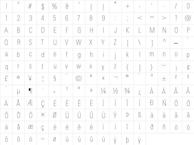 LinotypeUnivers CondUltraLight  glyph index
