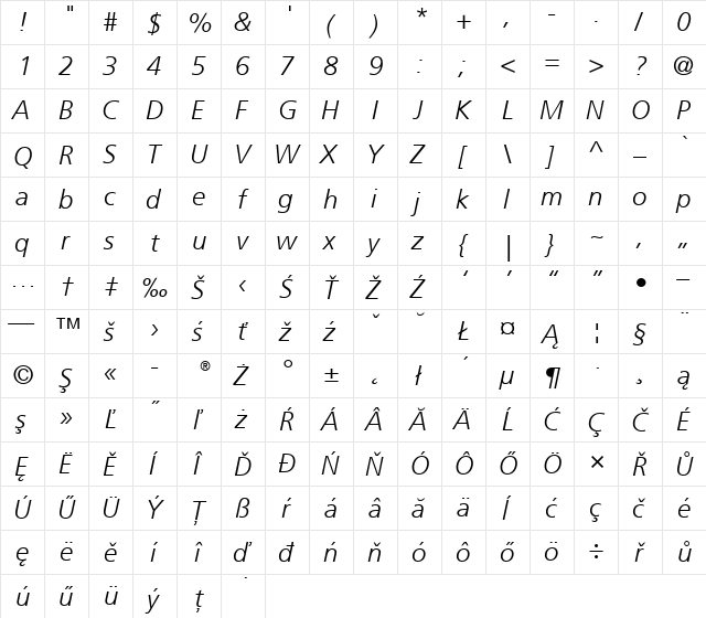 Frutiger CE 45 Light Italic  glyph index