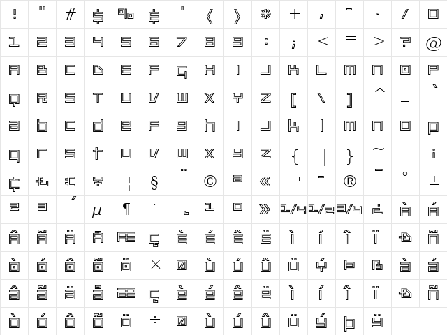 Platinum Beat BTN Outline Regular  glyph index