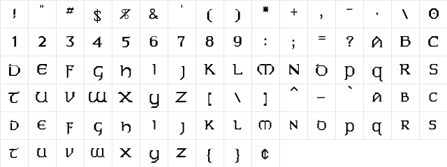 PCEire Regular  glyph index