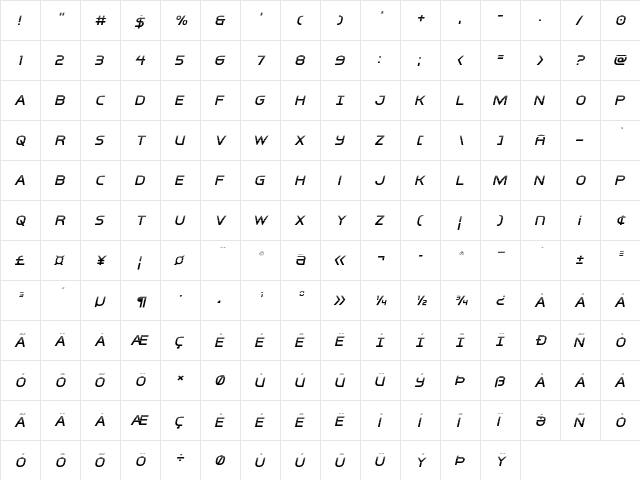 Inter-Bureau Halftone Italic Italic  glyph index