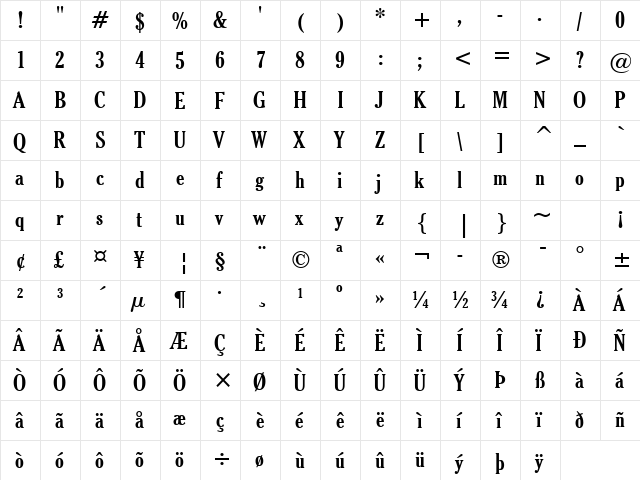 Cheltenhm BdCn BT Bold  glyph index