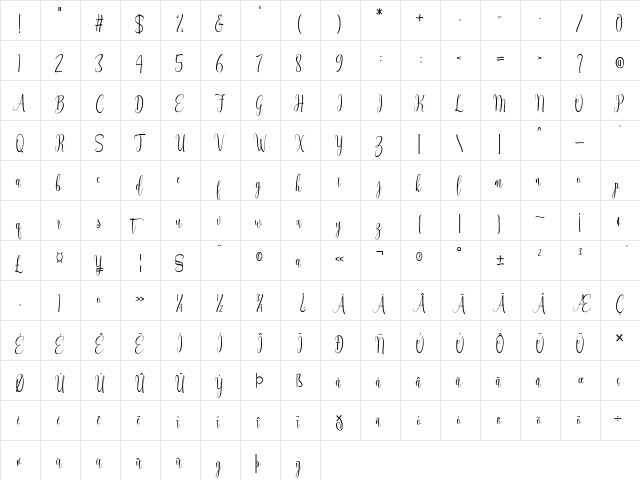 Aqilla Regular  glyph index