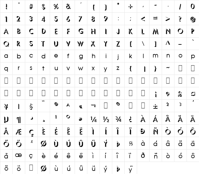 BD Shadow Regular  glyph index