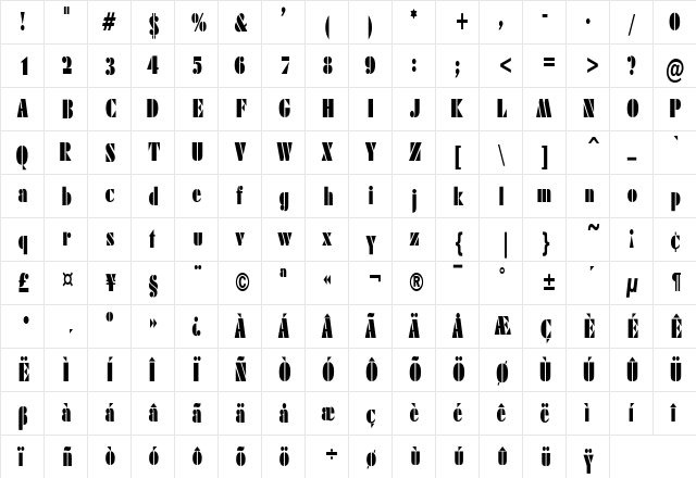 ArmyBlackCondensed-Plain Regular  glyph index