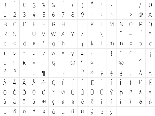 ChevinThin Regular  glyph index
