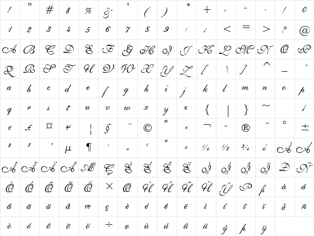 English111 Presto BT Regular  glyph index