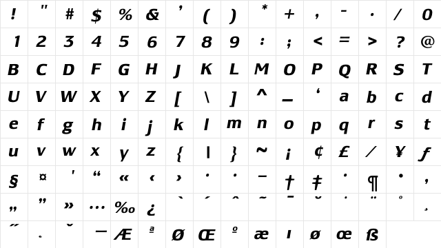 LesmoreBoldItalic Regular  glyph index