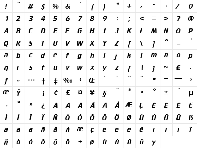 Biathlon Regular  glyph index