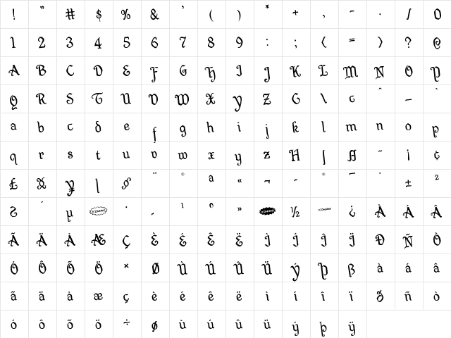 Quill Sword Rotated Regular  glyph index