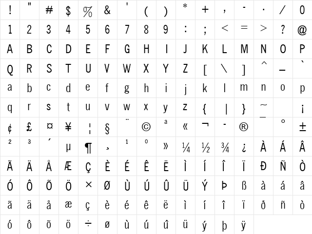 News Gothic Condensed Regular  glyph index