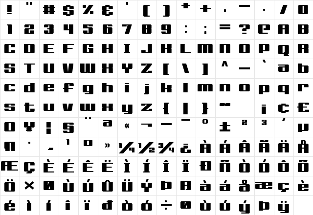 Big Old Boldy Regular  glyph index