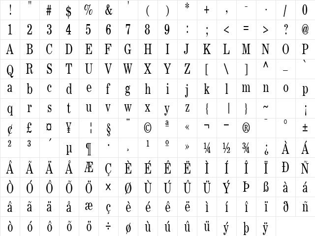 Gatling Regular  glyph index