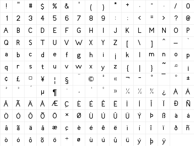 New Regular  glyph index