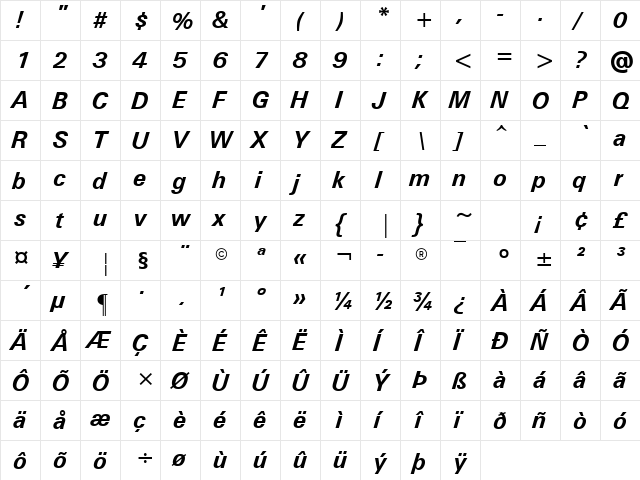 MilkyWay Bold Italic Regular  glyph index