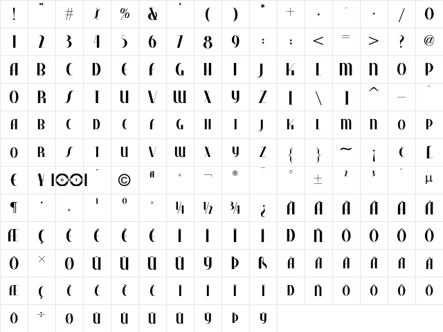 Studebaker NF Regular  glyph index