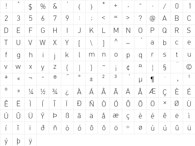 PF DinText Pro Thin  glyph index
