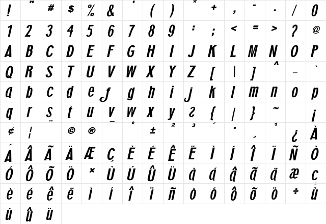 5AM Superchalmers Italic  glyph index