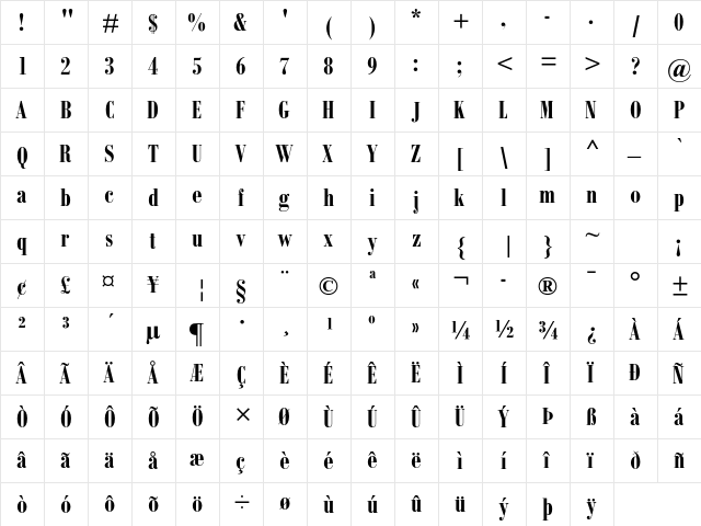 Bodoni MT Std Bold Cond  glyph index