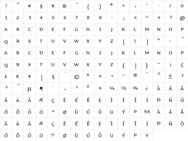 Sauna-SmallCaps Regular  glyph index