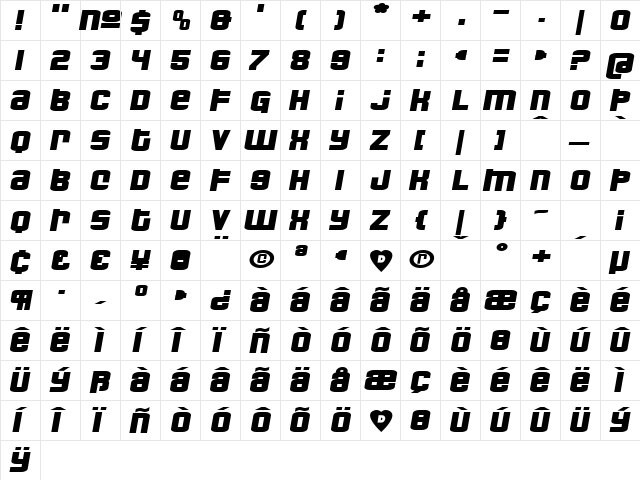 TourDeLance Regular  glyph index