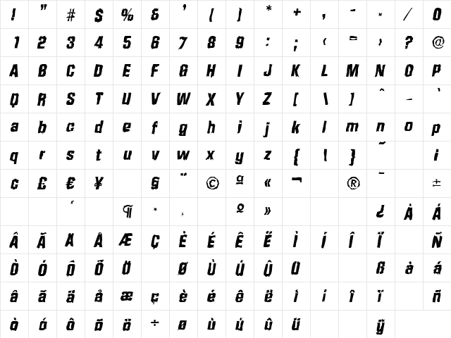 SeanBeckerRandom-ExtraBold Italic  glyph index