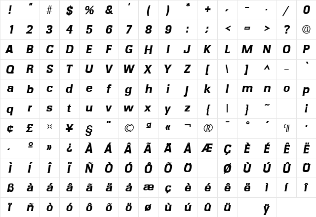 RochesterLH Bold Italic  glyph index