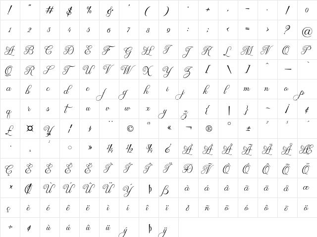 Olivia Regular  glyph index