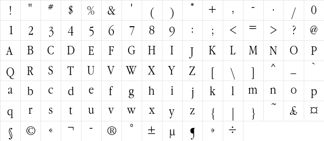 GaramondNarrowC Regular  glyph index