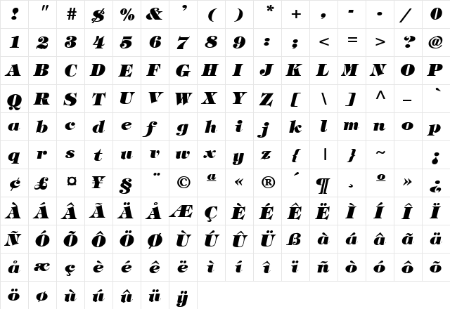 Tiffany-Heavy-Italic Regular  glyph index
