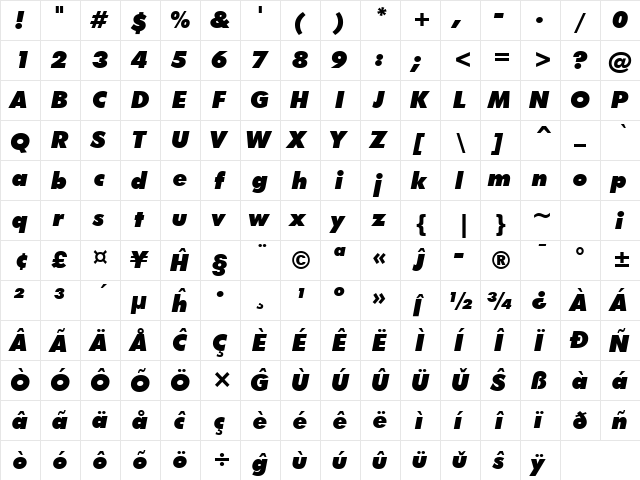 Futura XBlkIt BT Eo Extra Black Italic  glyph index